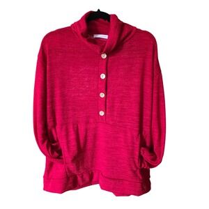 CHRIS & CAROL Red Textured Button Neck Cowl‎ Neck Long Sleeve Top Women L